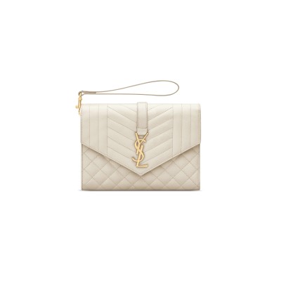 YSL ENVELOPE FLAP POUCH IN MIX MATELASSÉ GRAIN DE POUDRE LEATHER 651030BOW919207 (21*16*3cm)
